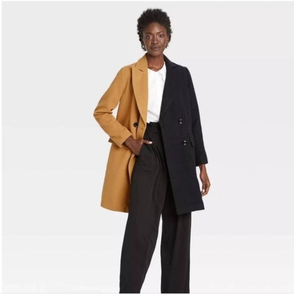 Who What Wear Double Breasted Coat Womens M Two Tone Office Chic Camel Black NWT - Picture 2 of 10